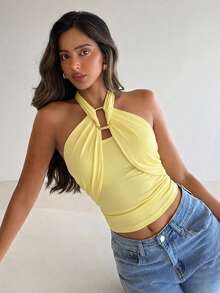 Aloruh Women's Elegant Metal Buckle Decor Cinched Waist Ruched Tie Neck Camisole,Summer Top - Light Yellow - View 3