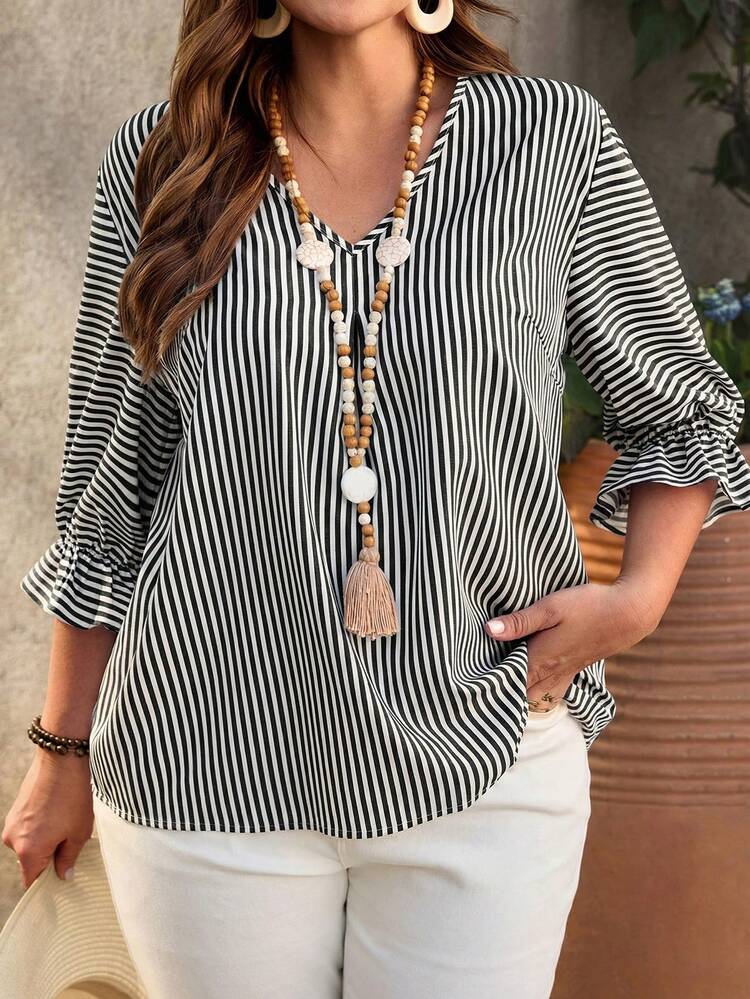 Plus Size Women V-Neck Striped Blouse With Ruffle Sleeves