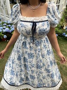 Lyrianda Plus Size Romantic Square Neck Waist Cinched A-Line Dress - Multicolor - View 3