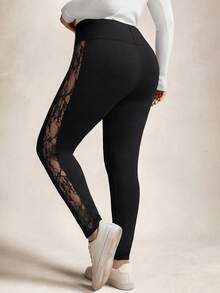 SHEIN LUNE Plus Size Women Lace Patchwork Leggings - Black - View 2