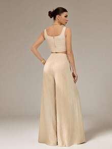 SHEIN Tall Casual Khaki Two Piece Outfit For Women With Scoop Neck Camisole Top And Long Plain Woven Pants Set Tall Two Piece Set Two Piece Set Linen Two Piece Set Beige Two Piece Set - Khaki - View 2