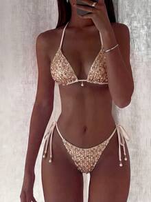 Costavie 两件式闪光纹理挂脖比基尼套装，饰有仿珍珠，性感三角上衣和侧系带泳裤，沙滩度假泳装 - 金色 - 查看 4