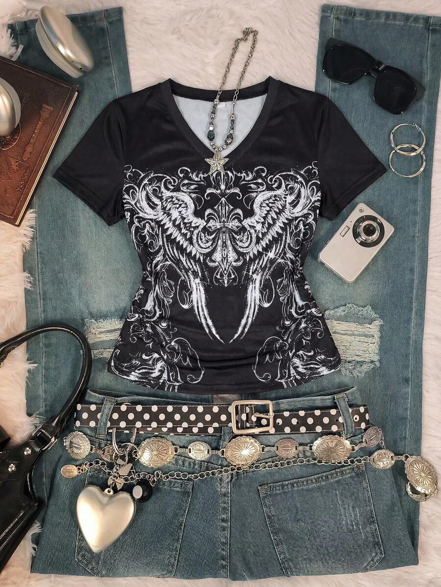 Teen Girl Wing Print V-Neck Short Sleeve Casual T-Shirt - Black - View 1