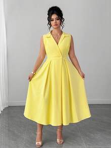 Elenzga Plus Size Women Elegant Casual Sleeveless Lapel Button Decor Maxi Dress - Yellow - View 3