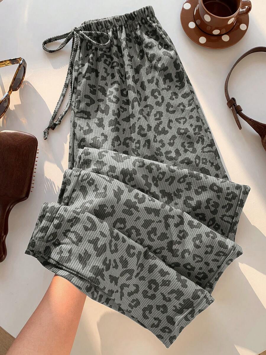 SHEIN EZwear 女款休閒灰色豹紋抽繩腰鬆垮長褲 - 灰色 - 查看 1