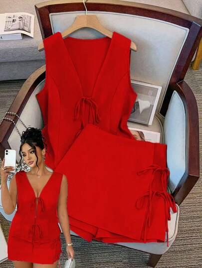 GlowEve CURVE 大码纯色无袖系带极简设计上衣和短裤两件套