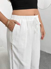 Enliva Plus-Size Women's Cotton Cropped Trousers,White,Autumn,Basic,Boho,Vacation,Holiday Lace Trim Pocket Stretch Waist Pants For Apple Rounded - White - View 7