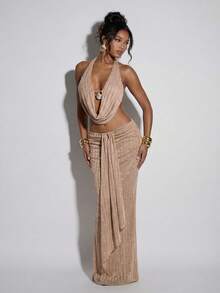 Normani Top de vacaciones sexy con escote halter y espalda descubierta para mujer - Albaricoque - Ver 4