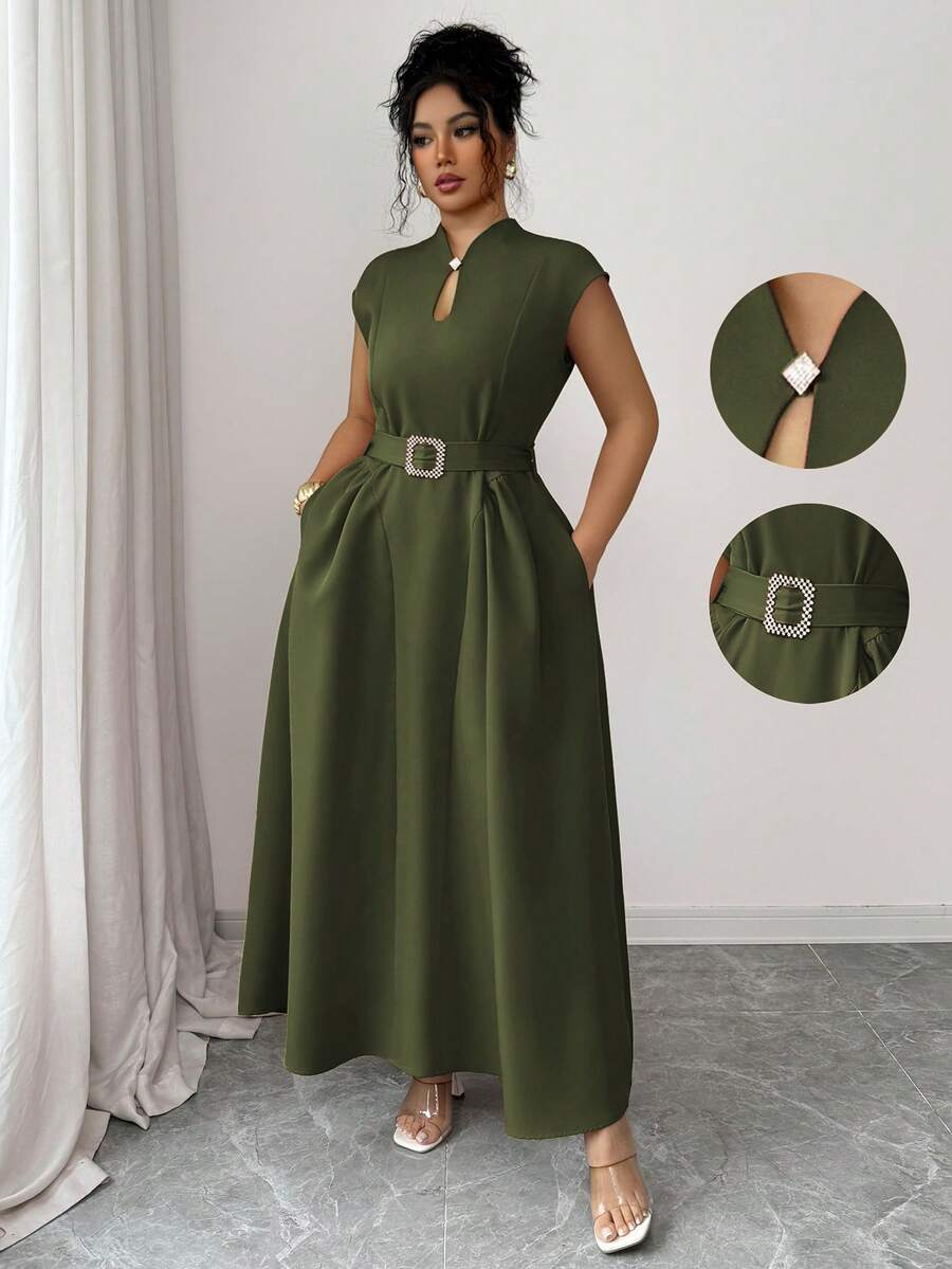 Elenzga 大码女装春夏法式浪漫西西里风优雅休闲通勤度假下午茶情人节派对纯色心形领无袖褶皱腰侧搭扣腰带收口下摆口袋长裙 - 軍綠色 - 查看 1