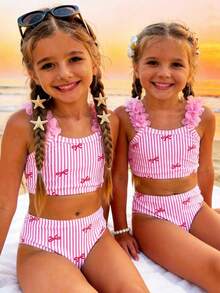 LMoss Kids Bộ đồ bơi hai dây và bikini màu hồng kẻ sọc tối giản, in hình nơ, thích hợp cho bé gái mùa hè. - Hồng - Xem 1