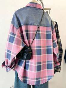 Resyla Camisa de mujer con efecto de mezclilla y cuadros estampados / Casual diario / Verano - Multicolor - Ver 2