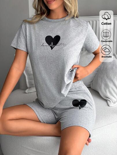 SHEIN Cotton Women Heart & Letter Print Casual 2-Piece Women Home Clothing Set Sports Outfit Short Sleeve Round Neck Tee + Shorts Comfort Pajama Lounge Set