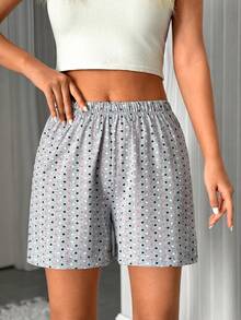 SHEIN 2 Pcs Multipack Cottonline Pointelle Multicolor Patterned Elastic Waist Comfort Relaxed Casual Sleep Shorts 2 Pcs Set - Multicolor - View 5