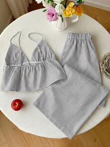 Comfortcana Bộ đồ hai mảnh dệt sọc xám, kiểu dáng thường ngày, thích hợp cho kỳ nghỉ hè, dành cho nữ, thích hợp mặc trong kỳ nghỉ. - Xám - Xem 2