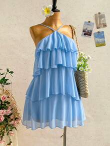 Soleia Đầm mini chiffon nhiều lớp xếp ly, màu trơn, thanh lịch, lãng mạn, thích hợp cho đám cưới, tiệc tùng, đi nghỉ mát, tiệc hoa, hẹn hò, Ngày Valentine, Lễ Phục Sinh, Lễ hội Carnival, tiệc trà chiều, đi biển, du thuyền, hoặc dạo phố. - Màu xanh nhạt - Xem 5