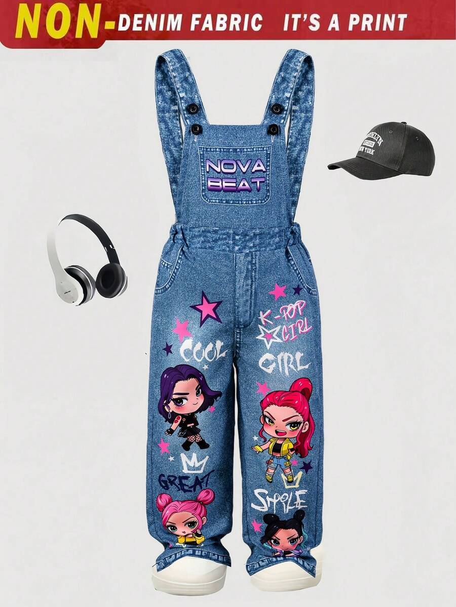 Quần yếm dệt họa tiết dây xích cho bé gái, quần yếm in chữ ngộ nghĩnh, trang phục thời trang cho mùa tựu trường, bộ đồ liền thân cá nhân hóa cho mùa xuân, hè, thu. - Màu xanh lam - Xem 1