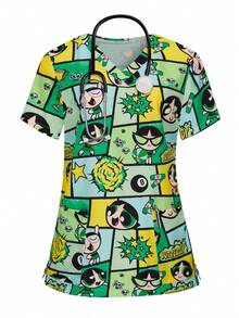 PopScrub THE POWERPUFF GIRLS X SHEIN 女士及儿童亮绿色卡通印花V领手术服上衣，卡通IP合作款制服 - 彩色 - 查看 1