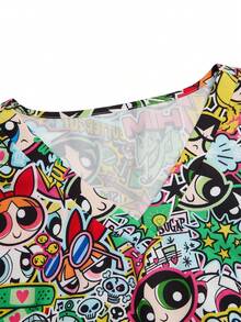 PopScrub THE POWERPUFF GIRLS X SHEIN 女士夏季个性化涂鸦印花护士服，带口袋短袖上衣 - 彩色 - 查看 8