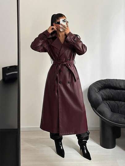 Sweetra Chaqueta casual de piel sintética de unicolor con cuello de solapa, manga larga y doble botonadura para mujer