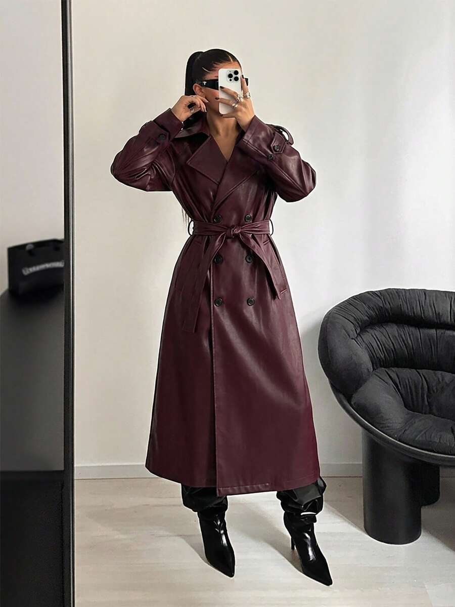 StreetHx Women's Solid Color Lapel NeckLong Sleeve Double-Breasted Casual PU Leather Jacket - Burgundy - View 1