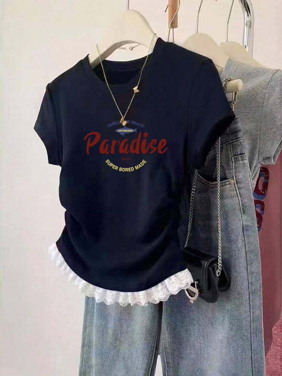 INAWLY New Lace Trim Short Sleeve Casual Fitted Waist Top For Women - Navy Blue - View 1