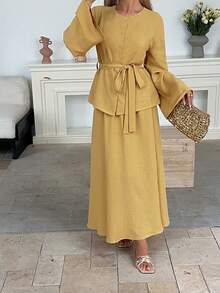 DAZY Spring Loose Casual Elegant Pullover Shirt & Long Skirt 2 Pieces Set For Women Lounge Sets For Women - Yellow - View 12
