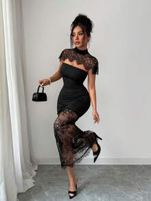 SHEIN Elenzya 女士蕾丝拼接立领修身连衣裙，适合派对和各种场合 - 黑色 - 查看 8