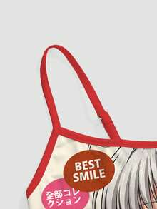 ROMWE Anime Vintage Cartoon Cute Girl Retro Diary Contrast Color Camisole Tank Top For Women - Khaki - View 4