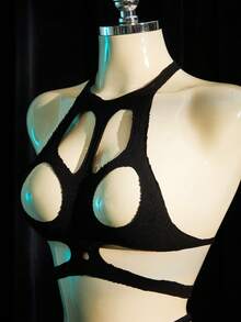 SpicyHot 2件套女士黑色镂空吊带性感内衣套装 - 黑色 - 查看 6