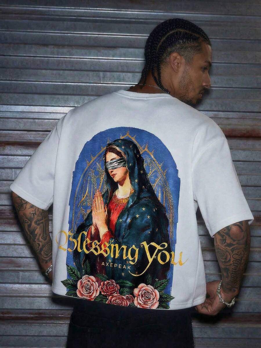 AXEPEAK Camiseta casual de manga corta con cuello redondo y estampado gráfico para hombre - Blanco - Ver 1