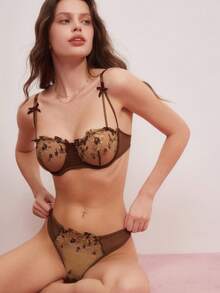 Elorette 2件套女士花卉刺绣网纱浪漫可爱性感内衣套装 - 咖啡棕 - 查看 1