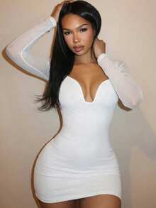 Slaydiva 2025新款优雅性感露背网纱紧身迷你连衣裙，适合派对、生日、酒吧、夜店、情人节、万圣节、圣诞节等场合。 - 白色 - 查看 6