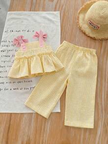 SHEIN LMoss Kids LMoss 女婴夏季可爱条纹吊带背心和松紧腰裤两件套 - 黃色 - 查看 2