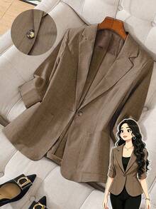 GlowEve CURVE Áo khoác Blazer tay dài thanh lịch, đơn hàng khuy đơn màu cỡ lớn cho văn phòng - Màu Khaki - Xem 1