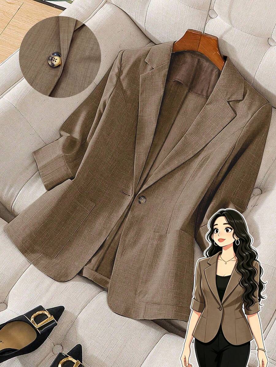 GlowEve CURVE Áo khoác Blazer tay dài thanh lịch, đơn hàng khuy đơn màu cỡ lớn cho văn phòng - Màu Khaki - Xem 1