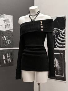 StreetHx Vestido de suéter casual de manga larga con cuello vuelto y botones, de corte ajustado para mujer - Negro - Ver 5