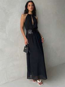 Aloruh 女士优雅性感露背串珠系腰连衣裙，纯黑色 - 黑色 - 查看 1