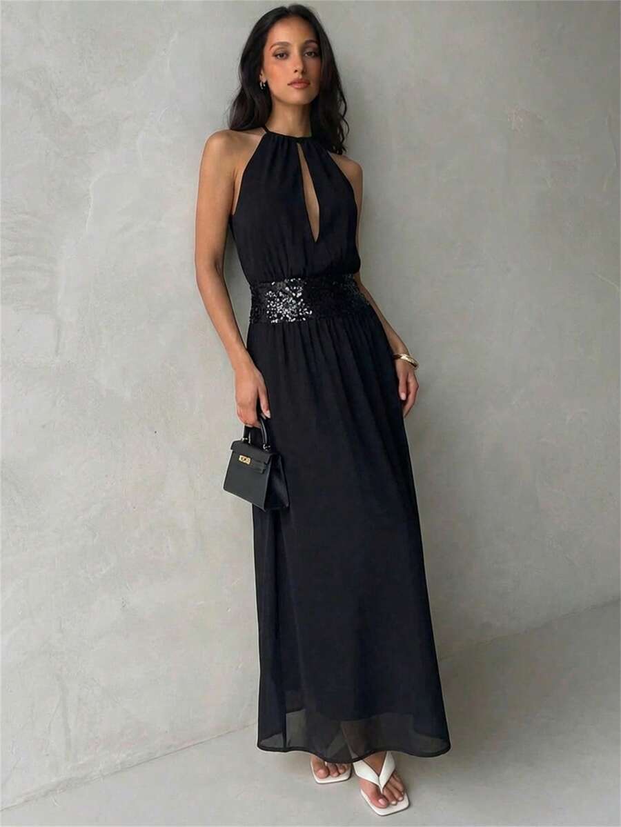 Aloruh 女士优雅性感露背串珠系腰连衣裙，纯黑色 - 黑色 - 查看 1