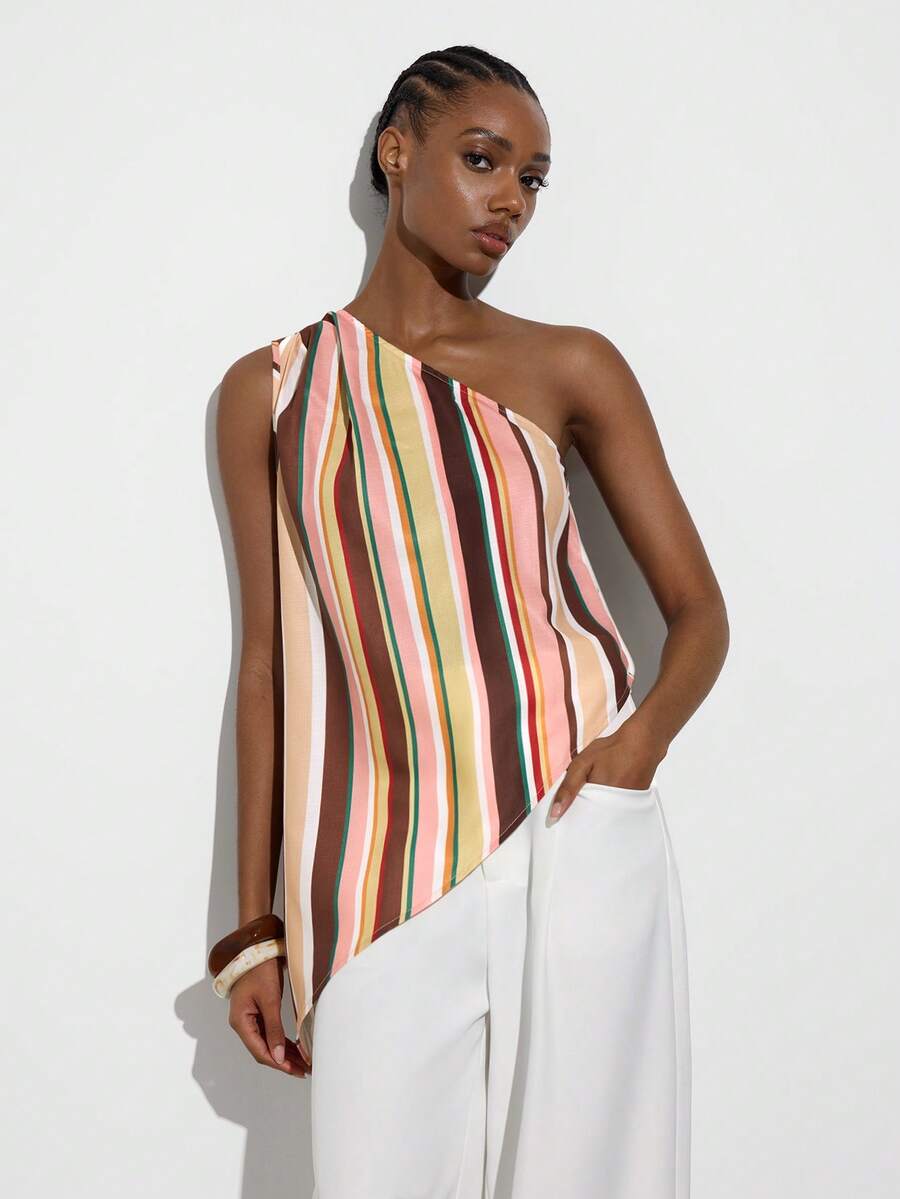 MAIJA 度假条纹单肩不对称下摆无袖上衣 - 彩色 - 查看 1