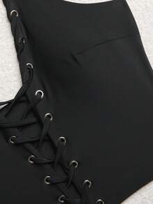 Women's Elegant Gothic Personalized Hollow Out Backless Metal Ring Halter Solid Color Textured Swimwear Top, Suitable For Beach, Resort, Spring/Summer/Autumn,Gothic Top - Black - View 5