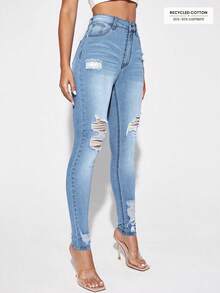 EMERY ROSE Women's Fashion Casual Ripped Skinny Denim Jeans - Blue - View 5