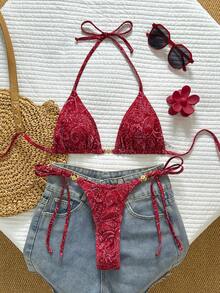 Swim Vcay Bộ đồ bơi hai mảnh dành cho nữ, họa tiết nhiệt đới dễ thương, áo tam giác buộc dây cổ yếm và quần dài với họa tiết vòng tròn kim loại trang trí, bộ đồ bơi thanh lịch cho kỳ nghỉ biển, ngày Valentine. - Nhiều màu - Xem 1
