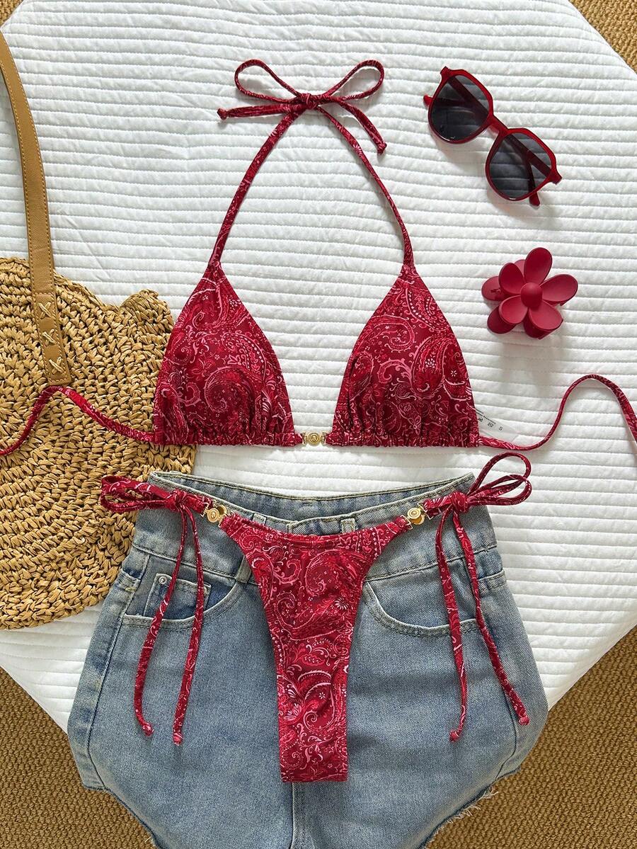 Swim Vcay Bộ đồ bơi hai mảnh dành cho nữ, họa tiết nhiệt đới dễ thương, áo tam giác buộc dây cổ yếm và quần dài với họa tiết vòng tròn kim loại trang trí, bộ đồ bơi thanh lịch cho kỳ nghỉ biển, ngày Valentine. - Nhiều màu - Xem 1