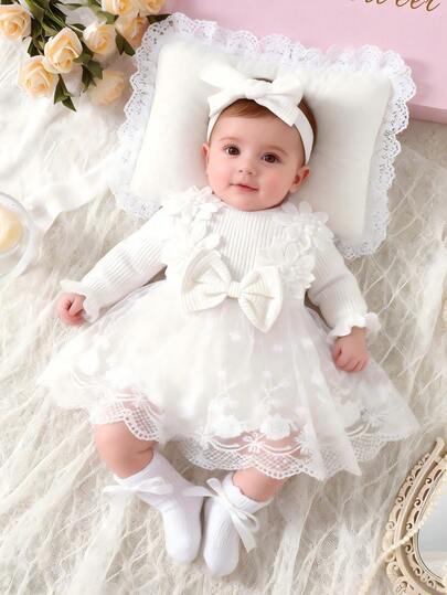 SHEIN Newborn Baby Girl White Pit Stripe Three-Dimensional Embroidery Flower Bow Splicing Mesh Dress And Headband 2-Piece Set, Autumn And Winter New Elegant And Suitable For Outdoor Shooting