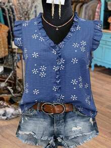 EMERY ROSE Plus Size V-Neck Sleeveless Frill Trim Faux Embroidered Blouse - Blue - View 7