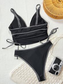 Bộ bikini Bonvoyette-D 2 mảnh màu đen, chất liệu vải, kiểu dáng chữ V sâu, dây đeo nhún bèo, thích hợp mặc đi biển, dành cho nữ. - màu đen - Xem 2