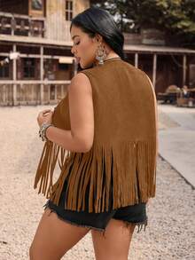 SHEIN Tall CURVE 大码西部牛仔流苏铆钉休闲无袖轻薄外套，适合春、夏、秋季穿着。 - 棕色 - 查看 2