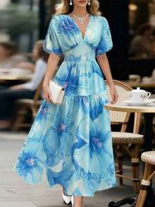 Selianne Damen Maxikleid mit mehrfarbigem Muster, geraffelte Schulterärmel, taillierter Bund, Patchwork-Design, elegantes hochwertiges Cocktail-Party-Geburtstaggeschenk, festliche Anlässe, Frühling/Sommer - Verschiedenfarbig - Übersicht 1