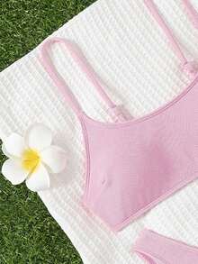 Swim Mod Conjunto de bikini de unicolor para vacaciones en la playa - Rosa Pálido - Ver 5