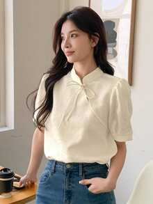 Dazy Star Women's Tie Front Stand-up Collar Puff Sleeve Shirt - White - View 9